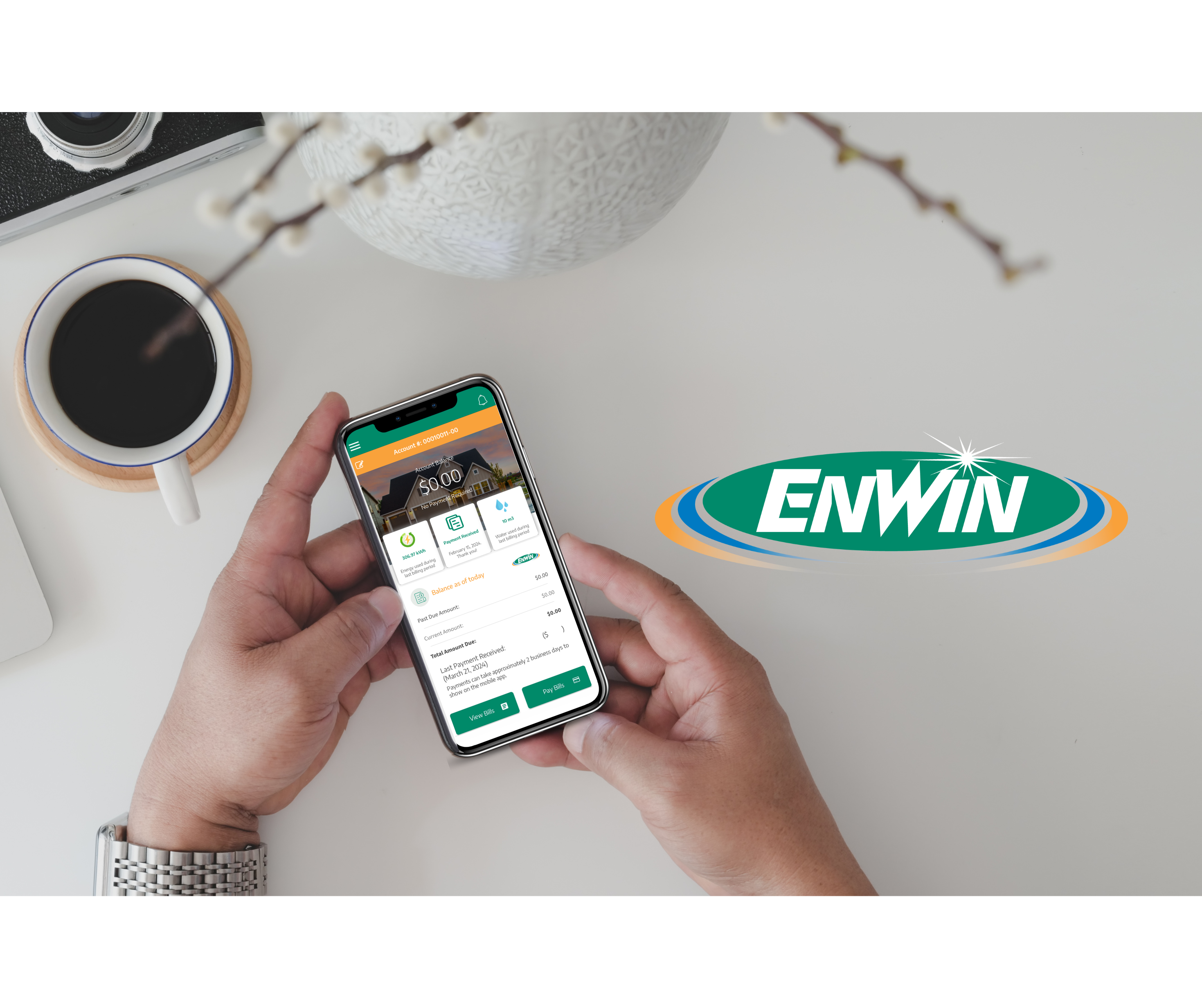 Close-up of a hand using the ENWIN mobile app on a smartphone with the ENWIN logo beside it.