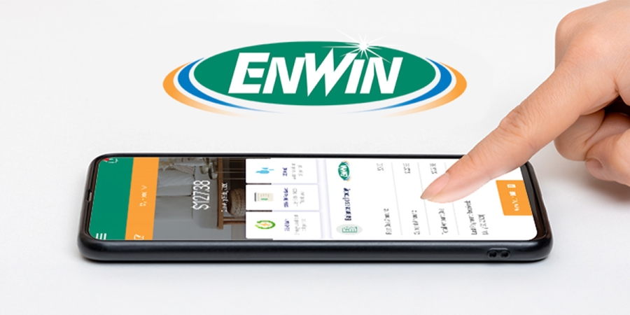 A finger interacting with a smartphone showing the ENWIN mobile app beneath the ENWIN logo.
